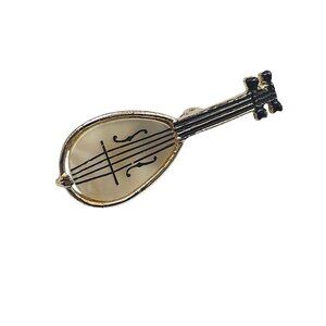 Vintage Violin Brooch Pin With Mother Of Pearl Inlay Gold Tone Finish